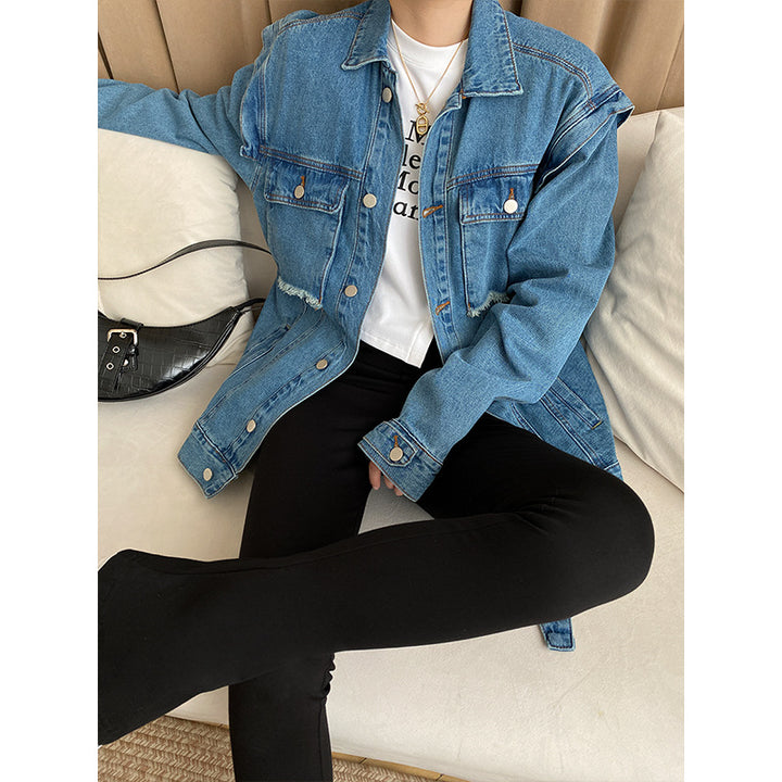 Damen lässige Denim-Übergangsjacke mit modischen Knopfdetails und aufgesetzten Taschen Drune