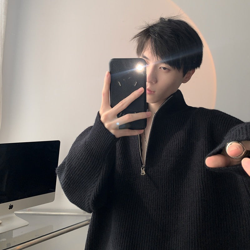 Herren Modischer Strickpullover mit hohem Kragen und Reißverschluss Drune