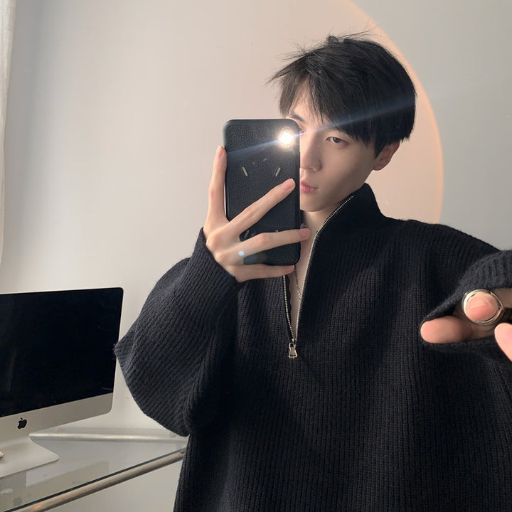 Herren Modischer Strickpullover mit hohem Kragen und Reißverschluss Drune