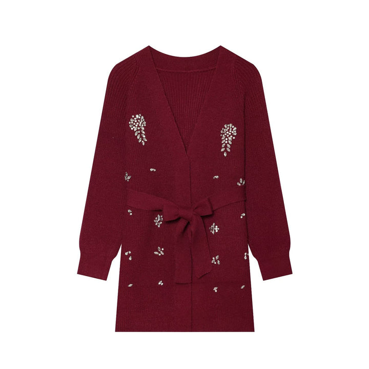 Damen Longcardigan mit Bindegürtel und Schmuckstein‑Applikation Drune