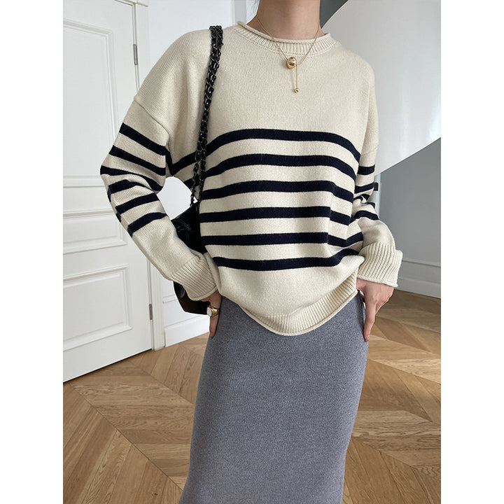Damen modischer gestreifter Pullover mit elegantem Rundhalsausschnitt und feiner Strickstruktur Drune