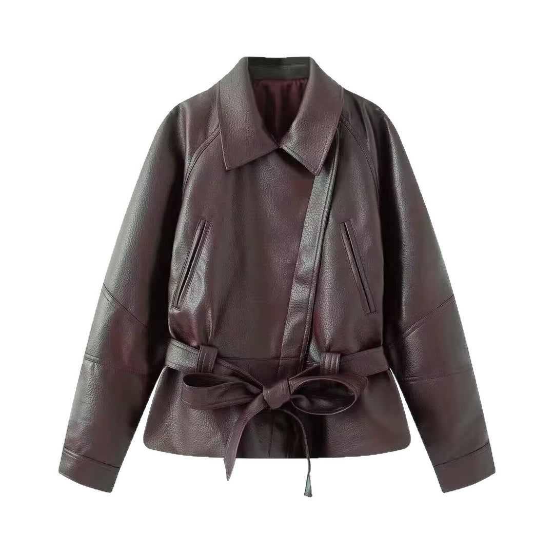 Damen taillierte Lederjacke mit Bindegürtel und überschnittener Schulter Drune