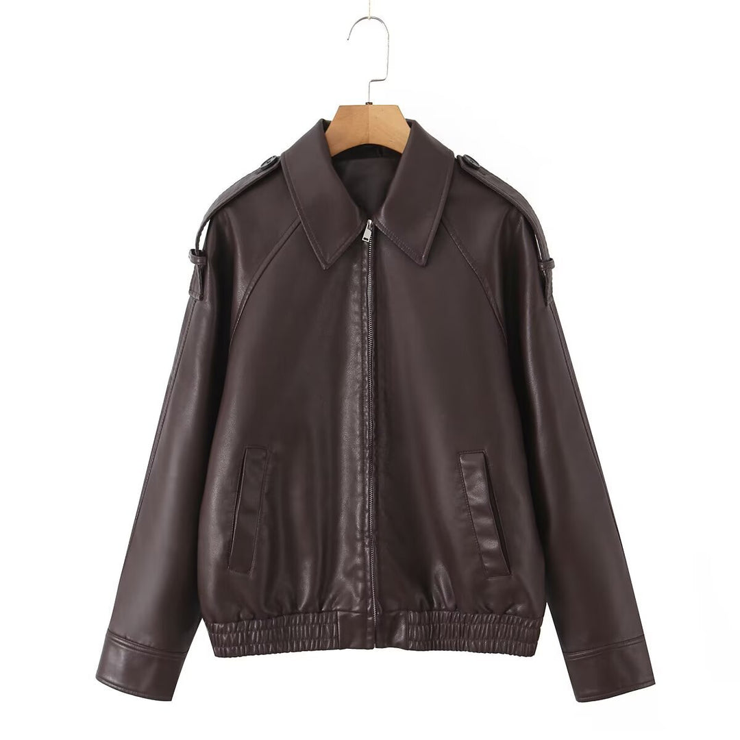 Damen Oversized Lederimitat-Flightjacke mit Bonded-Kragen, Schulterklappen und elastischem Saum Drune