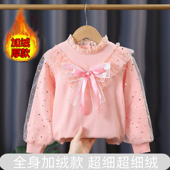 Mädchen modisches Sweatshirt mit dekorativen Tüllärmeln und Schleifendetails Drune