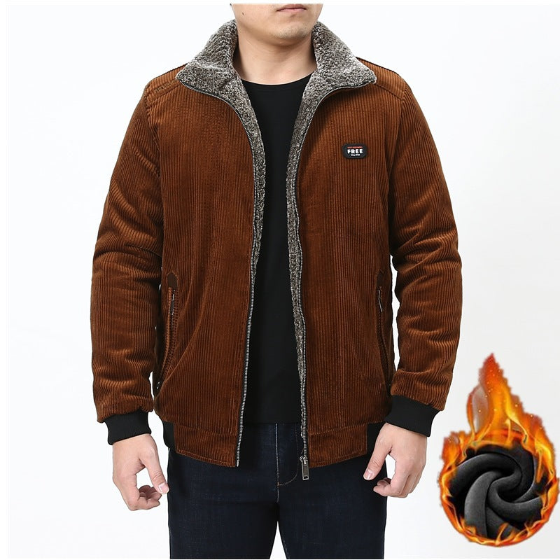 Herren Cordjacke mit wärmendem Sherpa-Futter, Stehkragen und Reißverschluss Drune