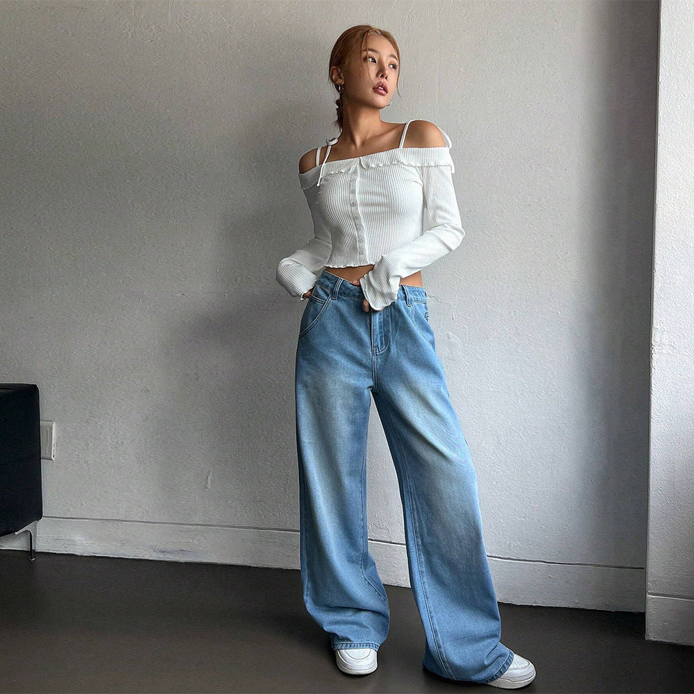 Damen geripptes schulterfreies Langarm-Cropped-Top mit Knopfleiste und Rüschensaum Drune