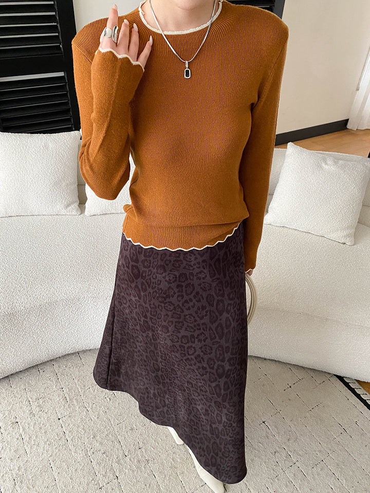Damen eleganter Pullover mit wellenförmigem Saum und feiner Rippstruktur Drune