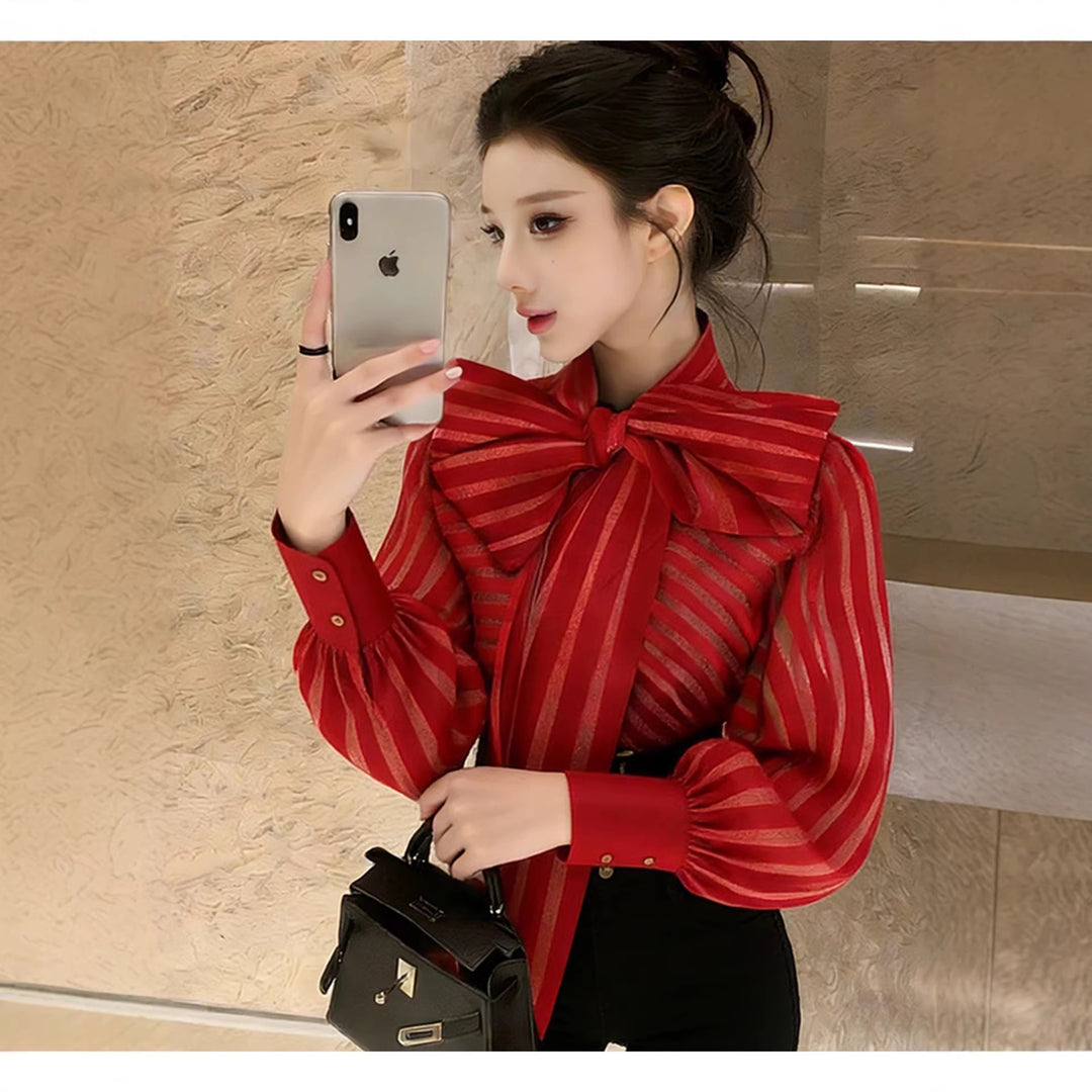 Damen Elegante Bluse mit voluminösem Schleifenkragen und trendigem Streifenmuster Drune