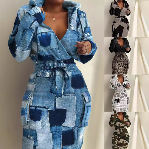 Damen Kapuzen Sweatkleid mit V-Ausschnitt, Kordelzug-Taille und Cargo-Taschen Drune