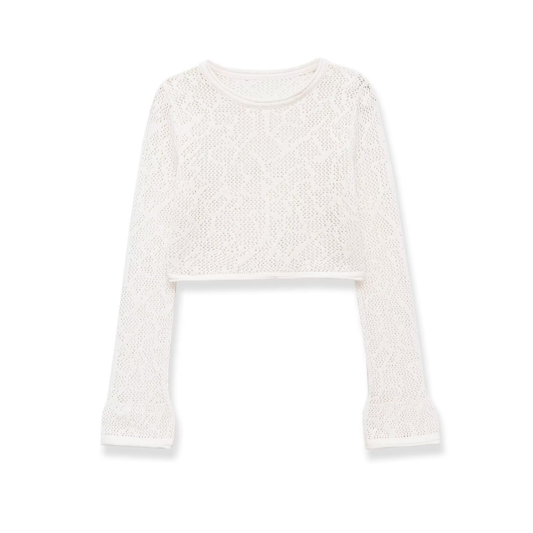 Damen gehäkeltes Cropped-Strickoberteil mit Trompetenärmeln Drune