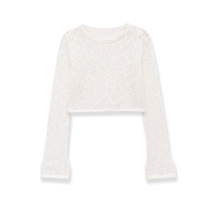 Damen gehäkeltes Cropped-Strickoberteil mit Trompetenärmeln Drune