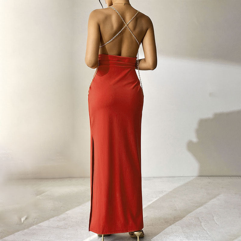 Damen Elegantes Langarm-Maxikleid mit tiefem V-Ausschnitt und zarten Rüschendetails Drune