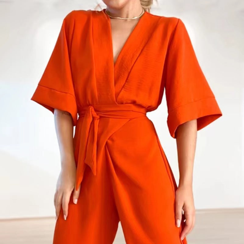 Damen eleganter Jumpsuit mit tailliertem Design und schickem V-Ausschnitt Drune