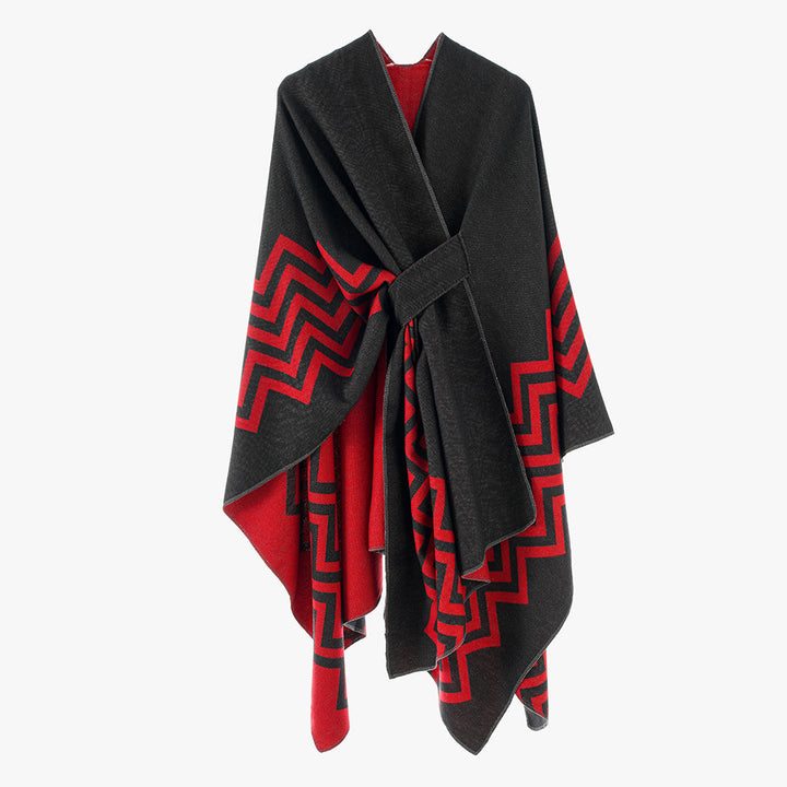 Damen Wollmix-Capeponcho mit Bindegürtel und grafischem Zickzackmuster Drune