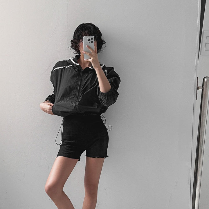Damen modische cropped Jacke mit verstellbarem Kapuzenkragen Drune