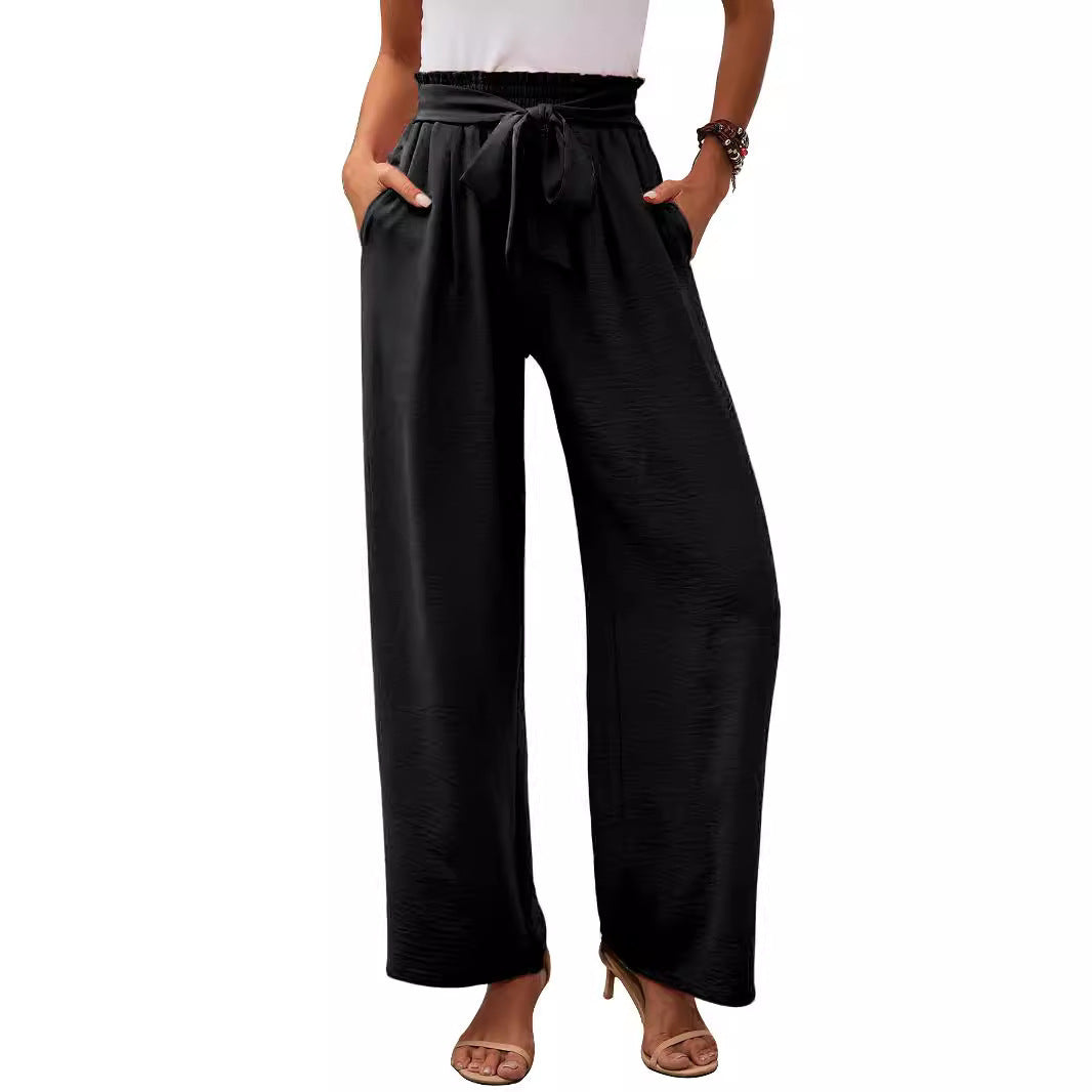 Damen Paperbag-Hose mit weitem Bein, elastischer Taille und Bindegürtel Drune