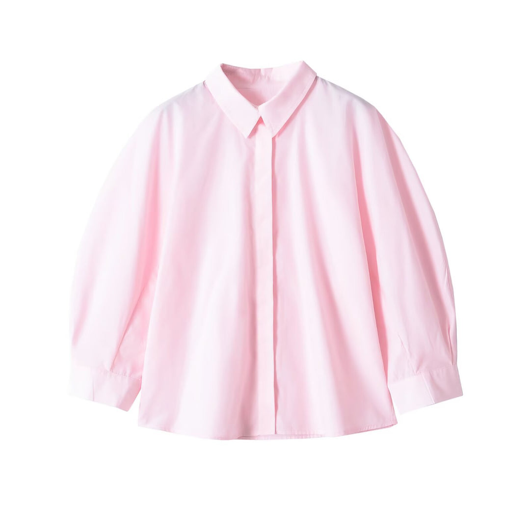 Damen Oversize Bluse mit Stehkragen und verdeckter Knopfleiste Drune