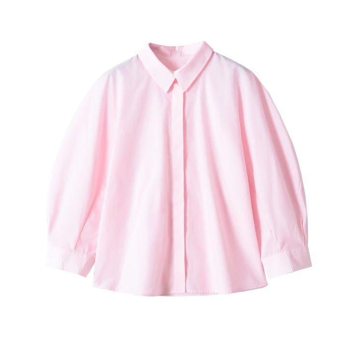 Damen Oversize Bluse mit Stehkragen und verdeckter Knopfleiste Drune