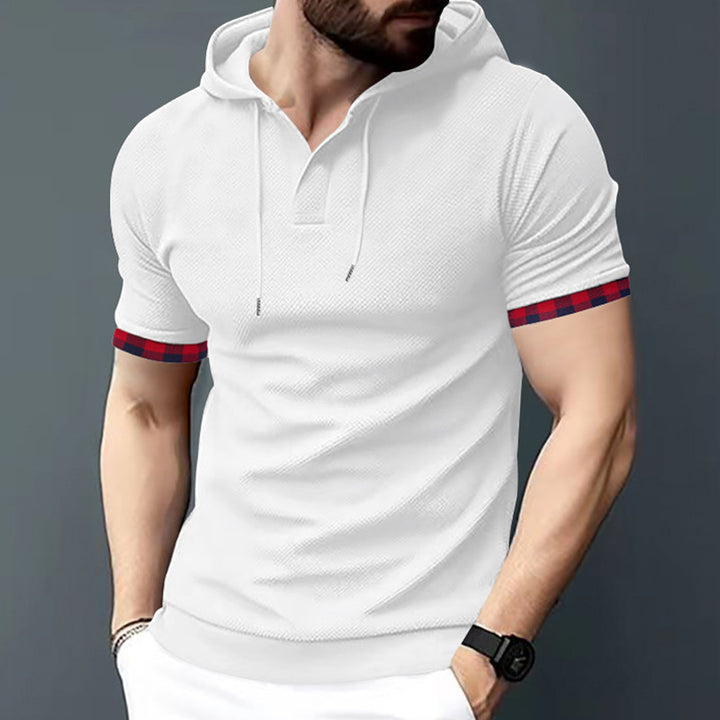 Herren nan figurbetontes Kurzarm-Kapuzenpoloshirt mit Henley-Blende und Kordelzug Drune