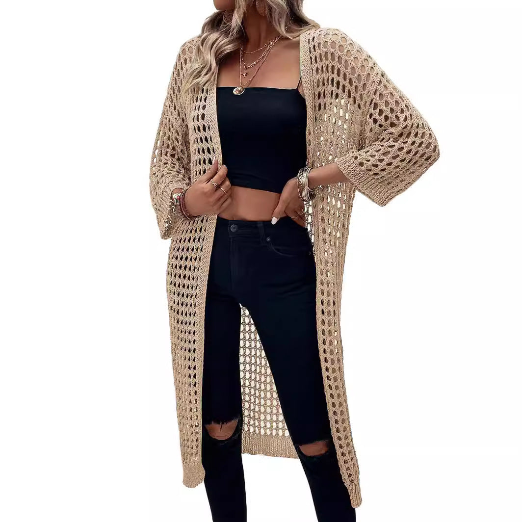 Damen Luftige Häkeljacke mit offenem Design und weiten Ärmeln Drune