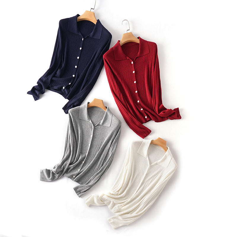 Damen Feinstrick-Cardigan mit Rippenstruktur, Knopfleiste und Polokragen Drune