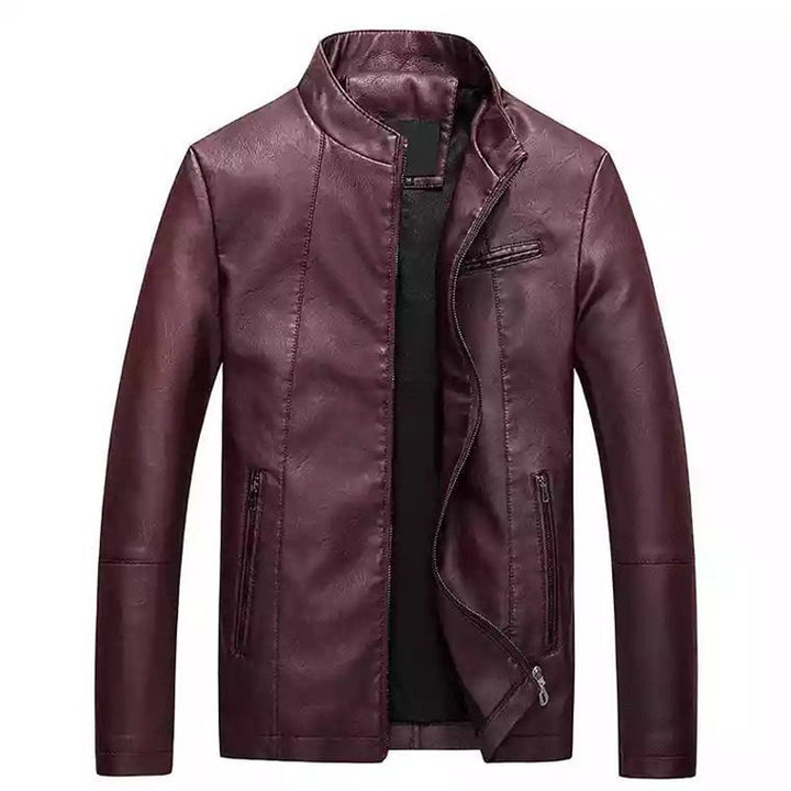 Herren Slim-Fit Kunstlederjacke mit Stehkragen und Reißverschlusstaschen Drune
