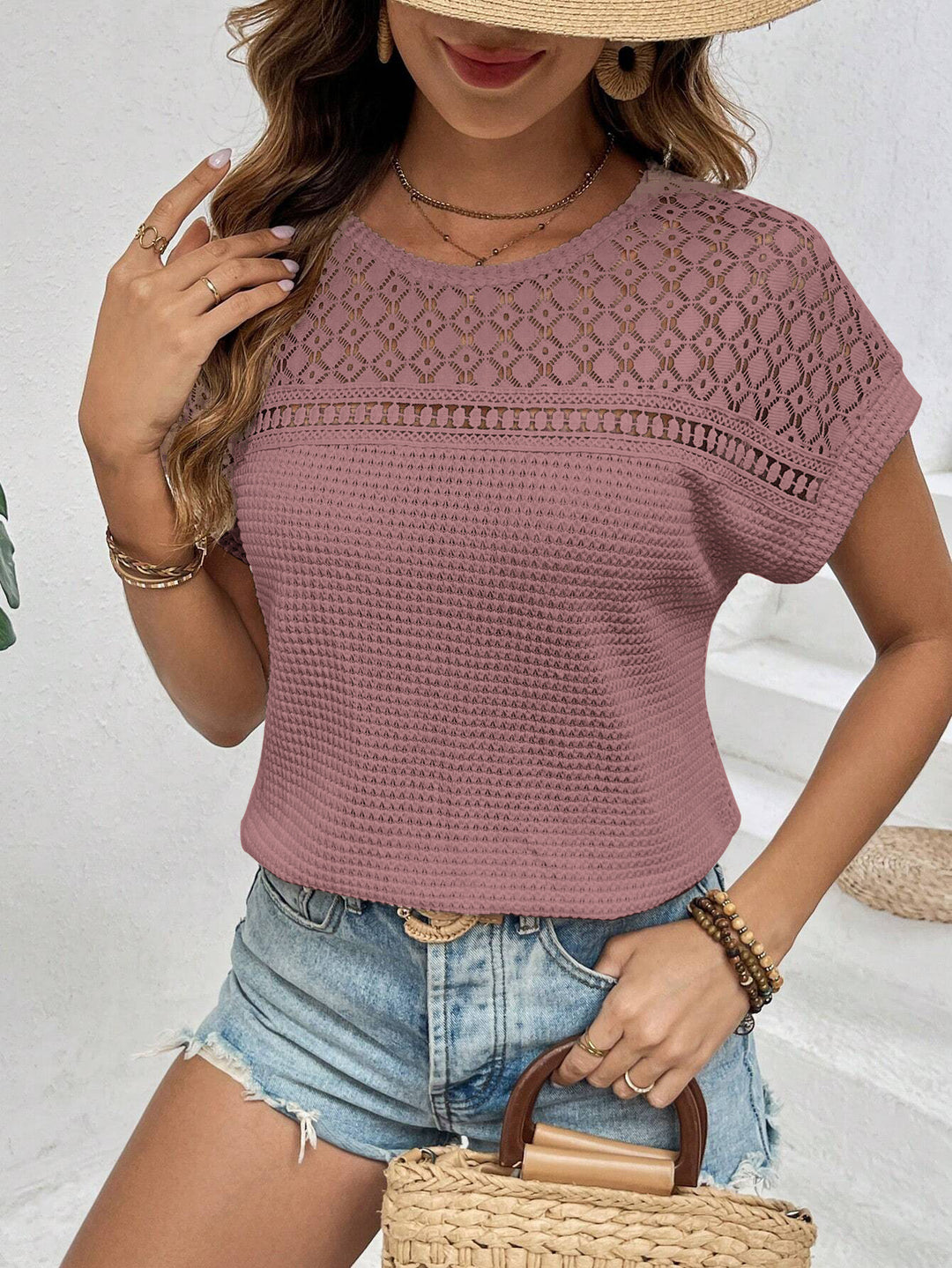 Damen Kurzärmliges Spitzencrochet-Top mit strukturierter Waffelstrick-Front Drune