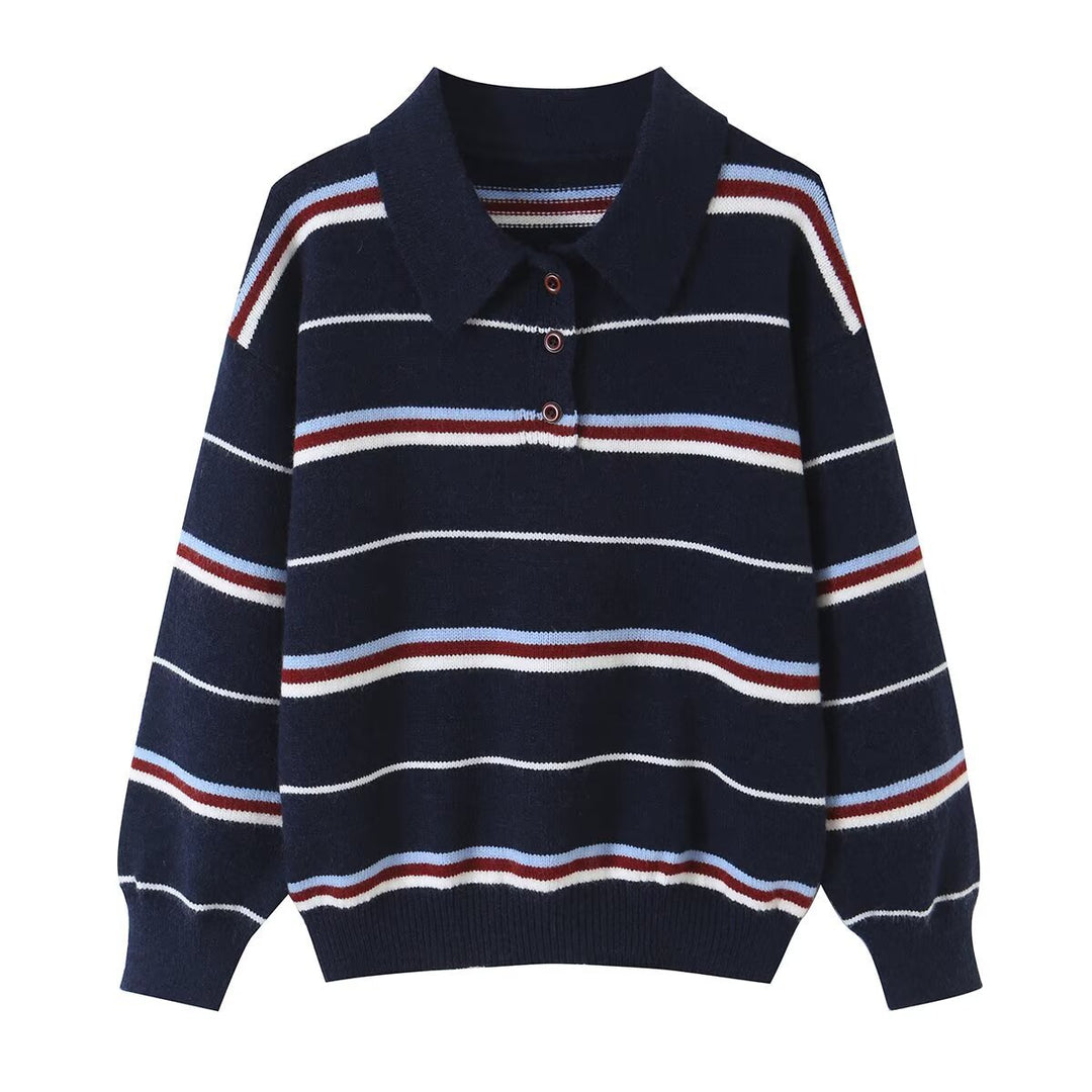 Damen Gestreifter Strickpolopullover mit kurzer Knopfleiste und Rippbündchen Drune