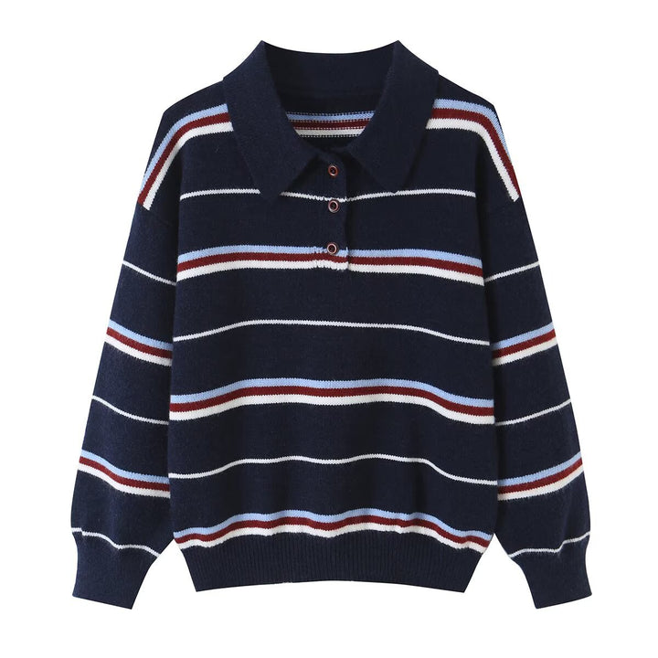 Damen Gestreifter Strickpolopullover mit kurzer Knopfleiste und Rippbündchen Drune