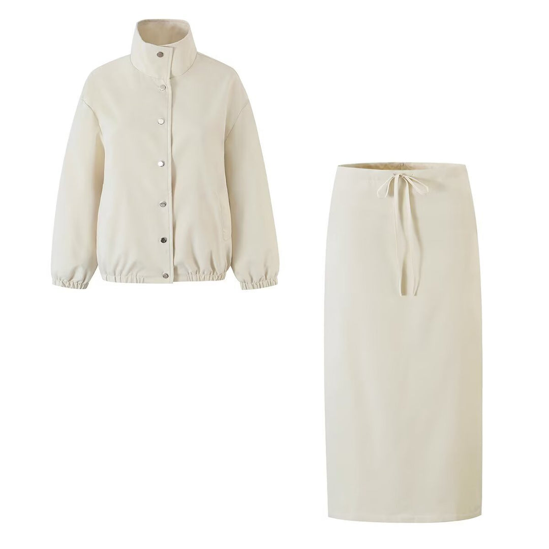 Damen Zweiteiliges Set aus kurzem Blouson mit Stehkragen und hoher Taillen-Bleistiftrock Drune