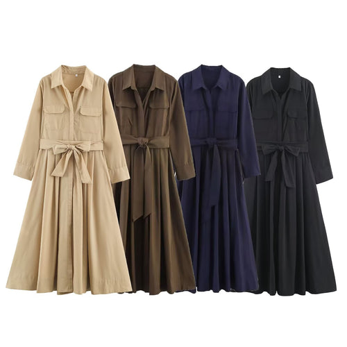 Damen Hemdblusenkleid mit Taillengürtel und A-Linien-Skirt Drune