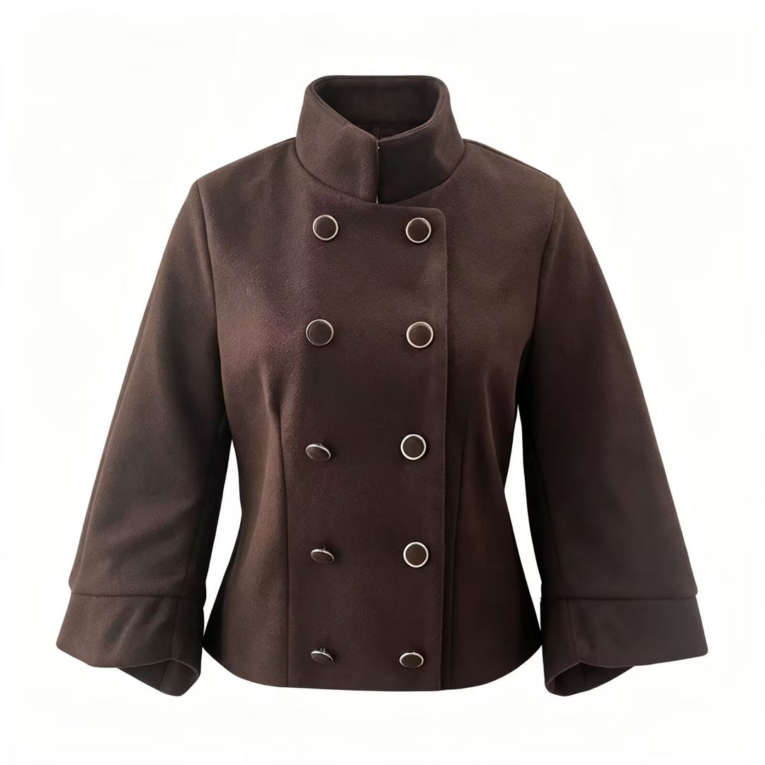 Damen Kurzer Doppelreihiger Wollmix-Mantel mit Stehkragen, Glockenärmeln und Metallknöpfen Drune
