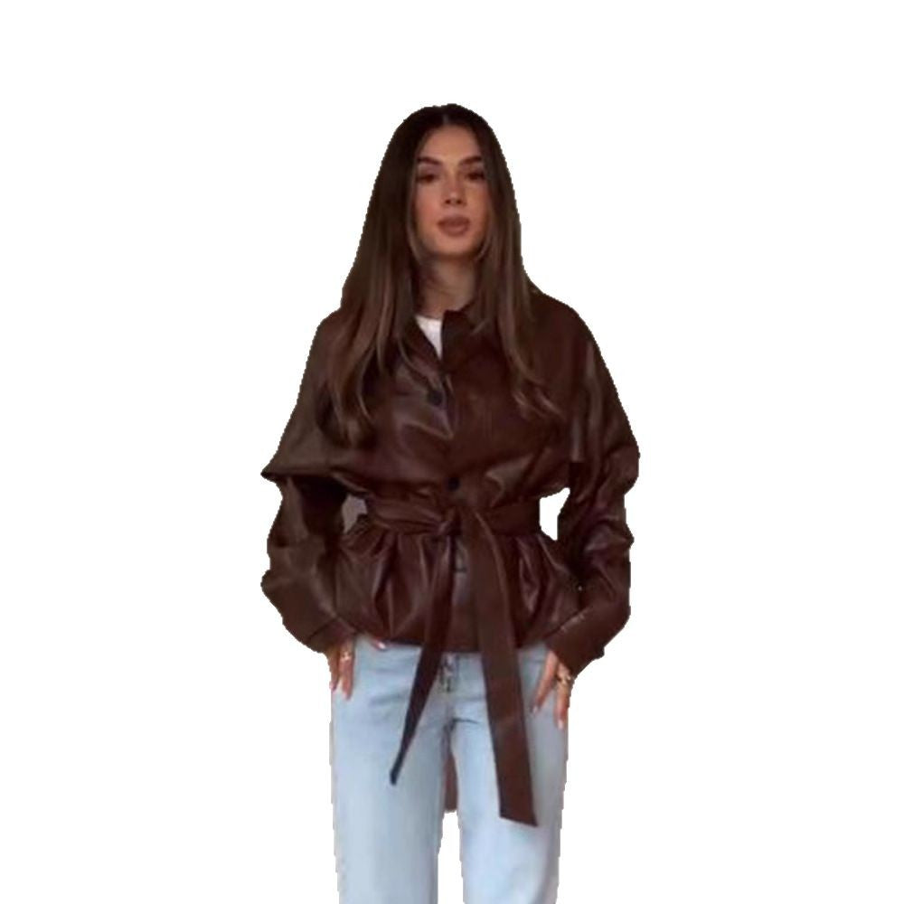 Damen Kunstlederjacke mit tailliertem Schnitt und modischem Gürtel Drune