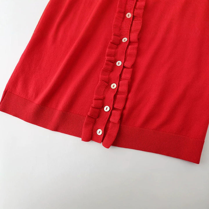 Damen Rüschensaum Strickjacke mit Knopfleiste und Volantärmeln Drune