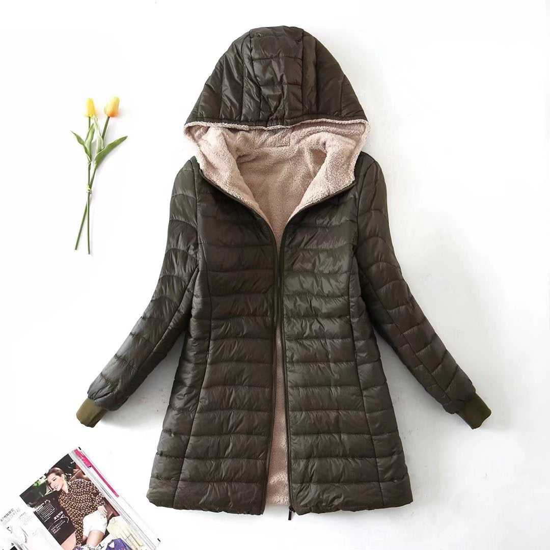 Damen nan ultraleichter gesteppter Parka mit Teddyfutter, Kapuze und taillierter A-Linien-Silhouette Drune