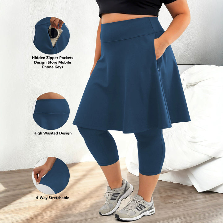Damen Leggings mit integriertem Rock hoher Taillenbund und Seitentasche Drune