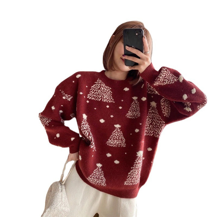 Damen gemütlicher Pullover mit Weihnachtsbaum-Muster Drune