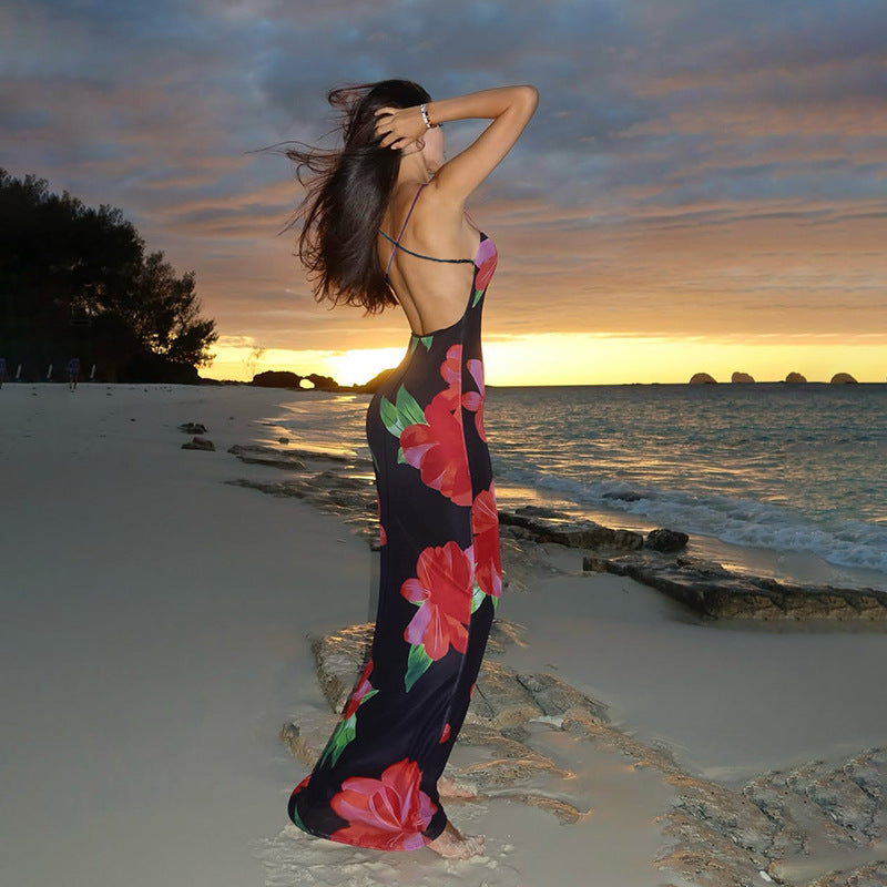 Damen figurbetontes Maxikleid mit floralen Akzenten und schmalen Spaghetti-Trägern Drune