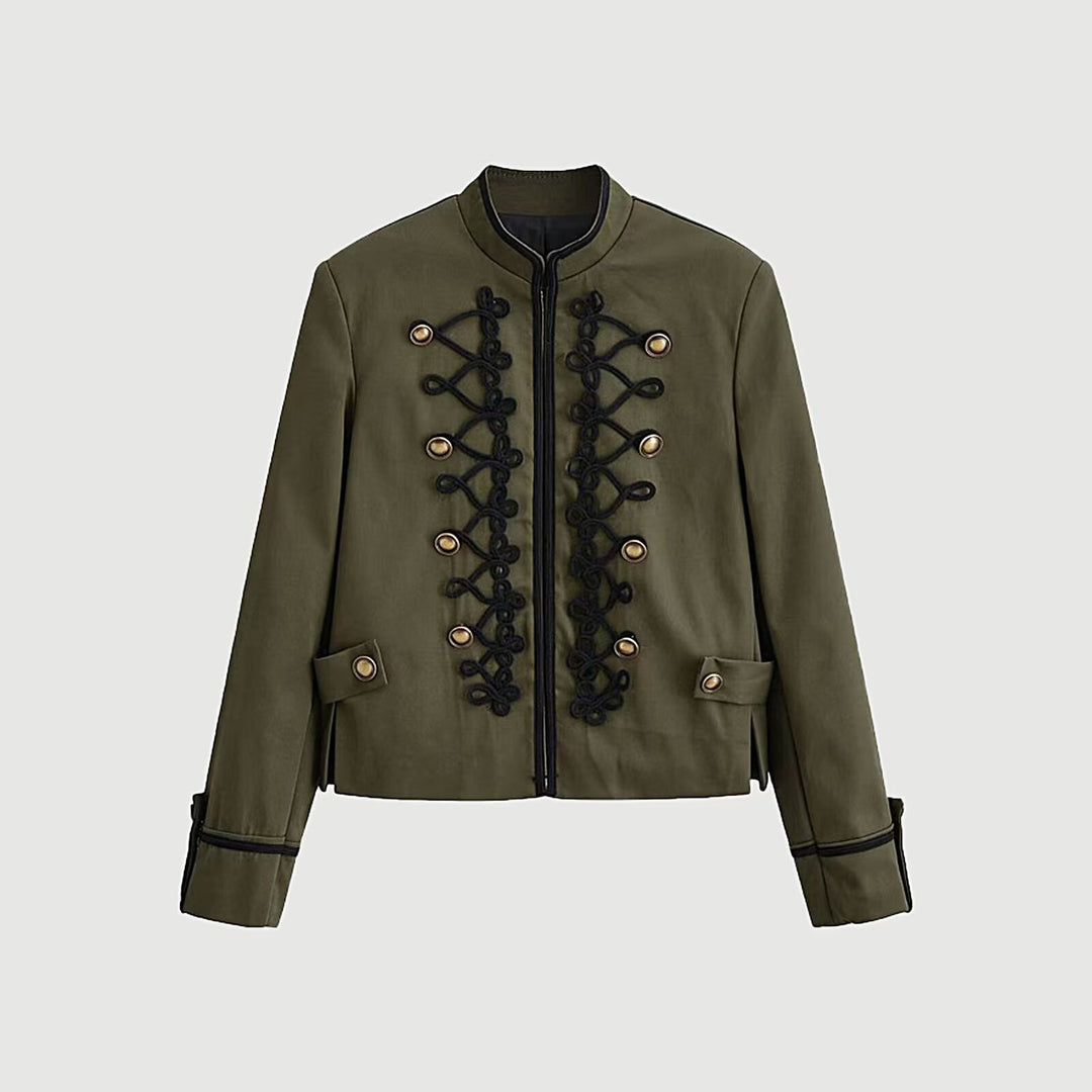 Damen Kurzjacke im Militärstil mit Stehkragen und dekorativer Kordierung Drune