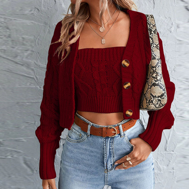 Damen lässiges Strick-Set mit offener Jacke und Crop-Top Drune