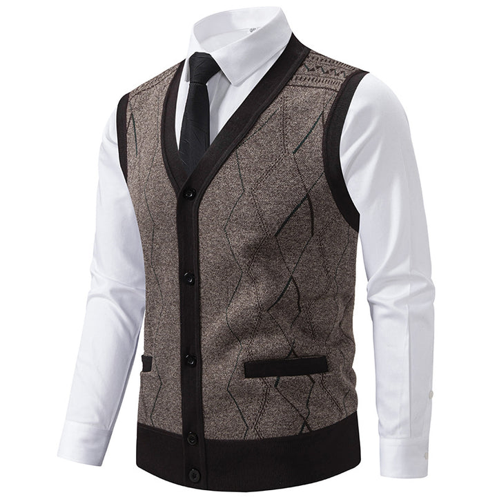 Herren Ärmellose Strickweste mit Rauten‑Muster, V‑Ausschnitt und Knopfleiste Drune