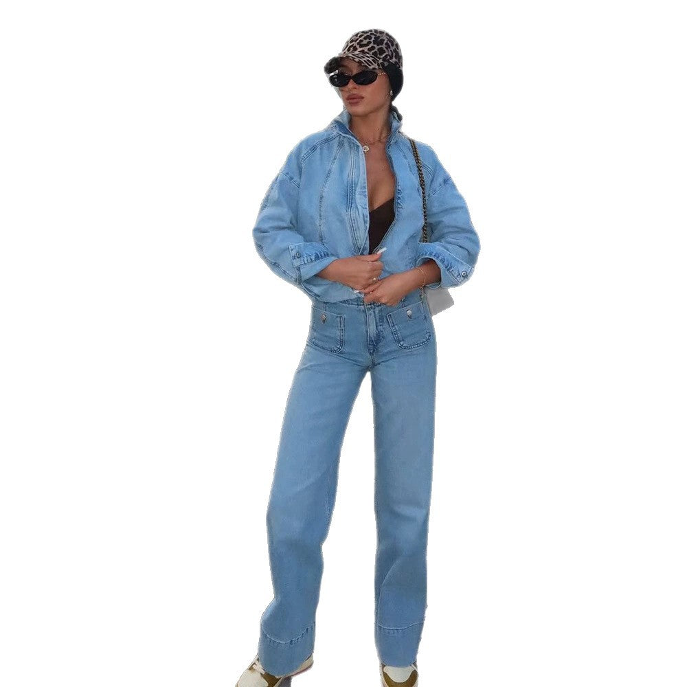 Damen Cropped Denimjacke im Bomberstil mit hohem Stehkragen und oversized Ärmeln Drune