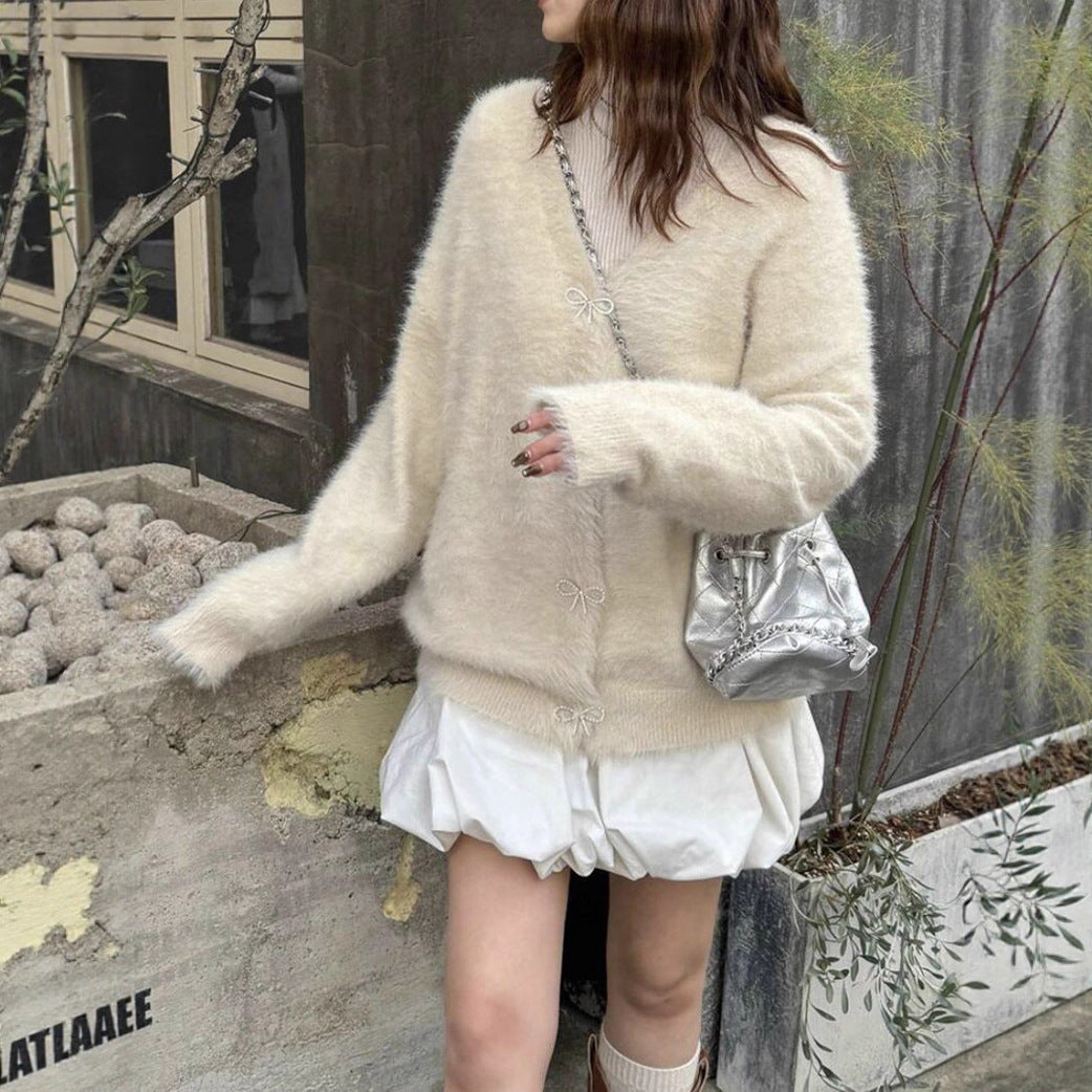Damen Flauschiger Mohair‑Optik Cardigan mit dekorativen Schleifenverschlüssen Drune