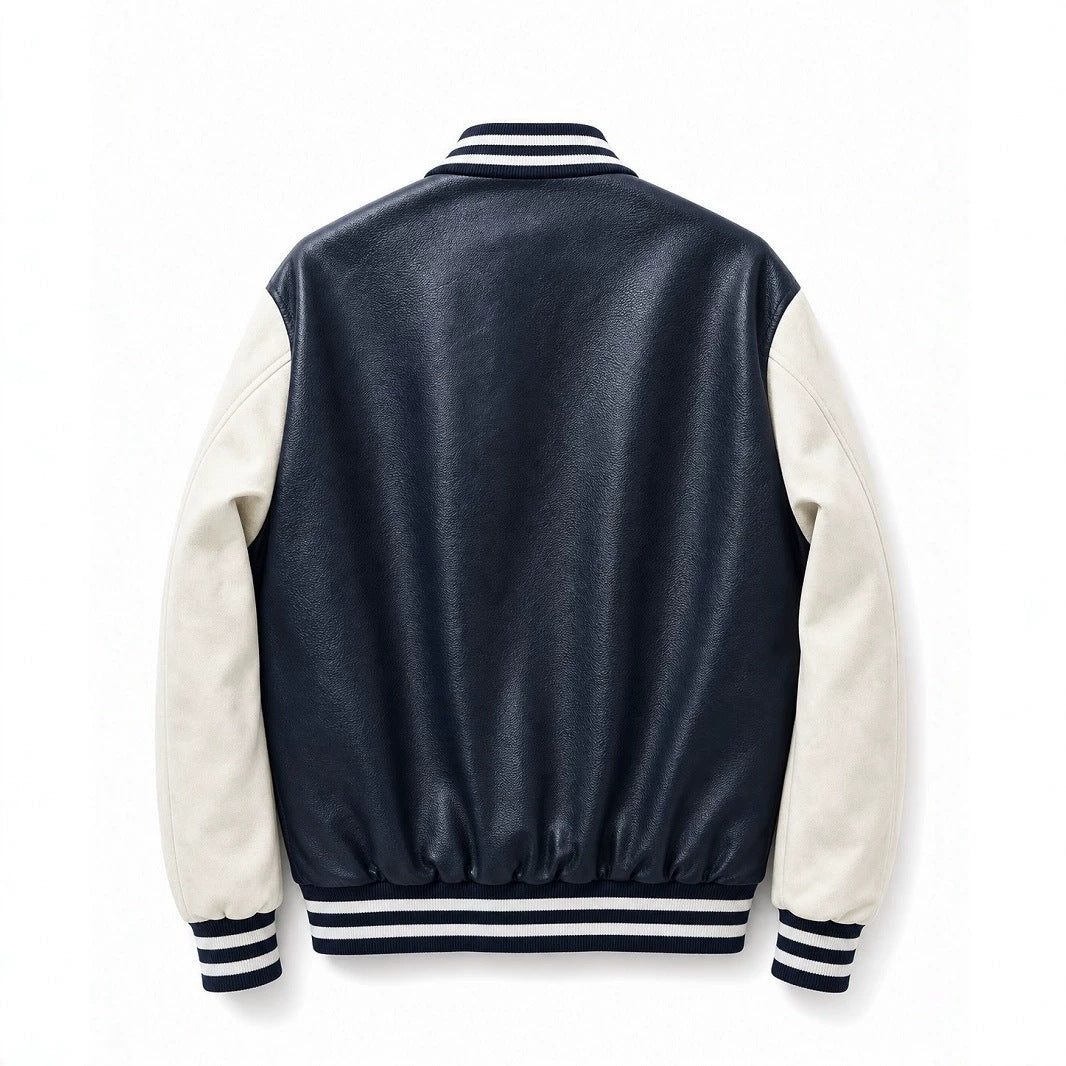 Herren Collegejacke im Letterman‑Stil mit Kunstleder‑Body, Kontrastärmeln und Chenille‑Patches Drune