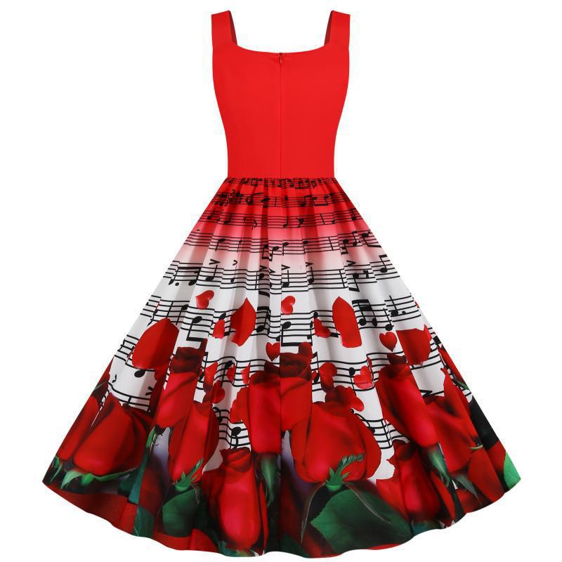 Damen Swingkleid mit musikalischem Rosenmuster und weitem Rock Drune