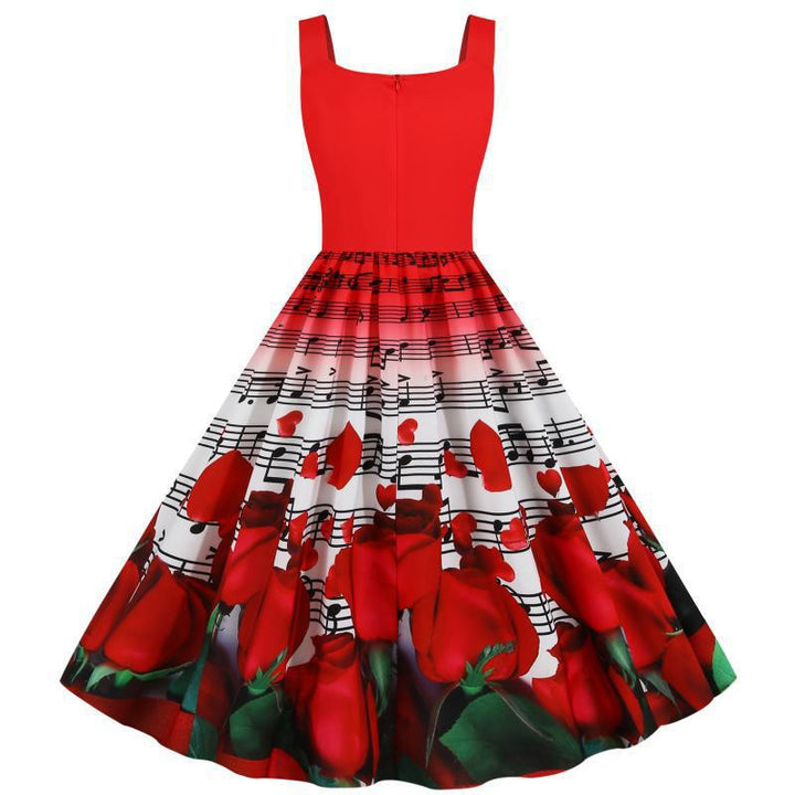 Damen Swingkleid mit musikalischem Rosenmuster und weitem Rock Drune