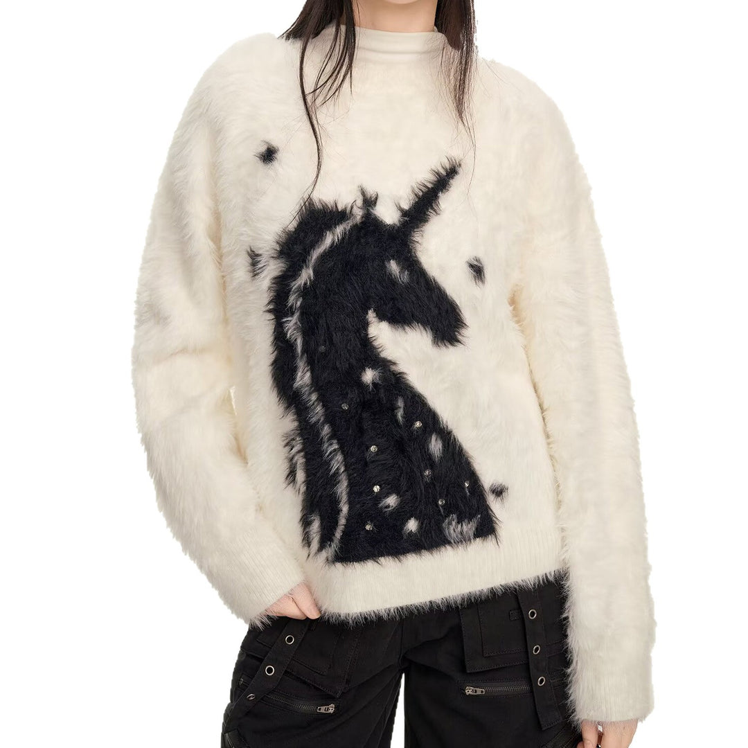 Damen Gemütlicher Grobstrickpullover mit Einhornmotiv Drune