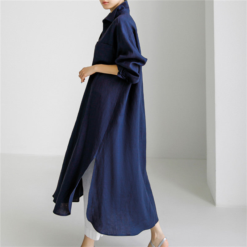 Damen Langes Leinen‑Hemdkleid mit kastiger Oversize‑Silhouette und Seitenschlitzen Drune