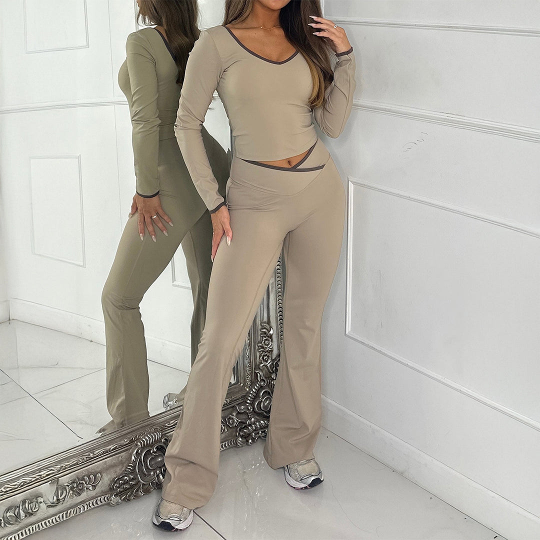 Damen nan figurbetontes Longsleeve-Croptop und ausgestelltes High Waist Schlaghosenset Drune