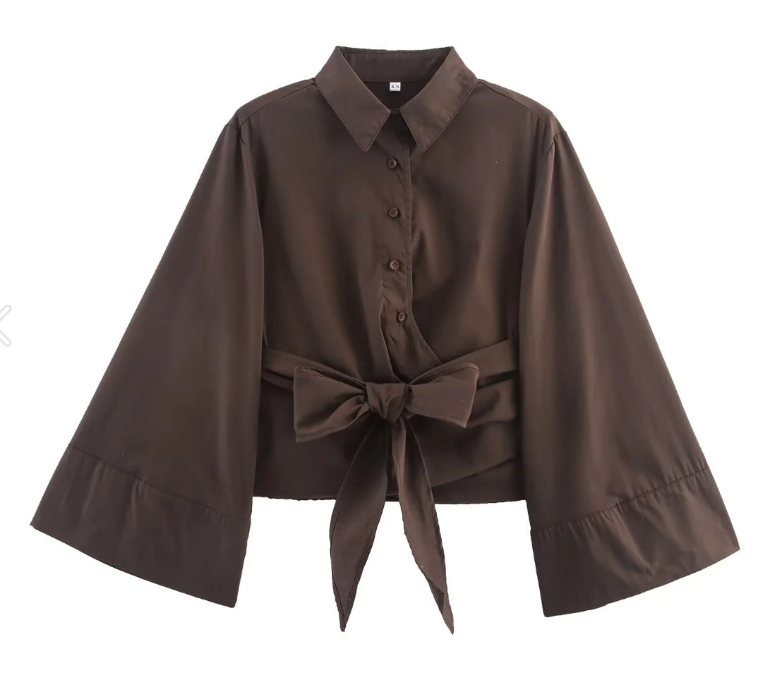 Damen 200+ elegante Wickelbluse mit weiten Kimonoärmeln und Taillenschleife Drune